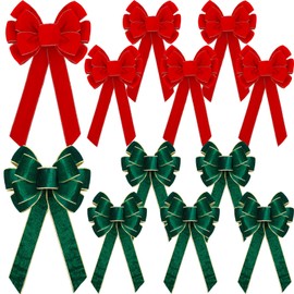 Lenwen 12 Pcs Large Christmas Bows 11 x 19.6 inch Velvet Christmas Wreath Bows Christmas Tree Topper Bow with Golden Edge Big Xmas Ornament for Wreath Gift Home Front Door Decor (Green,Red)