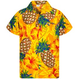 KING KAMEHA Men's Pineapple-Desings Summer-Party-Shirts Short-Sleeve, Pineapple-Hibiscus, Yellow, M
