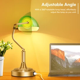 Bankers Lamp with 2 USB Ports, Touch Control Green Glass Desk Lamp with Brass Base, 3-Way Dimmable Vintage Desk Lamp for Home Office Workplace Nightstand Bedroom Library Piano, LED Bulb Included