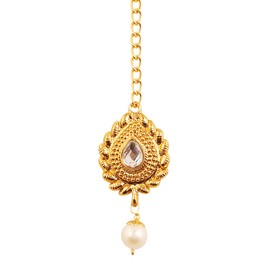 Touchstone Indian Bollywood Ethnic And Pretty Designer Jewelry Mangtika, embellished With Kundan Polki Look and Faux Pearls Attached with Beautiful Chain For Women In Antique Gold Tone.