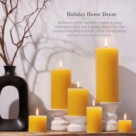 Natural Beeswax Candles Set of 6, Handmade Beeswax Pillar Candles Set, 6 Sizes, 100% Pure Unscented Bees Wax Candle, Honey Aroma Pillar Candles Bulk, for Calming, Relaxing, Air Purification