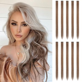 FESHFEN FESHFEN Colored Clip in Hair Extensions - 10 PCS Light Brown Highlighted Hair Piece Straight Synthetic Clip in Hairpieces for Women 22 inch