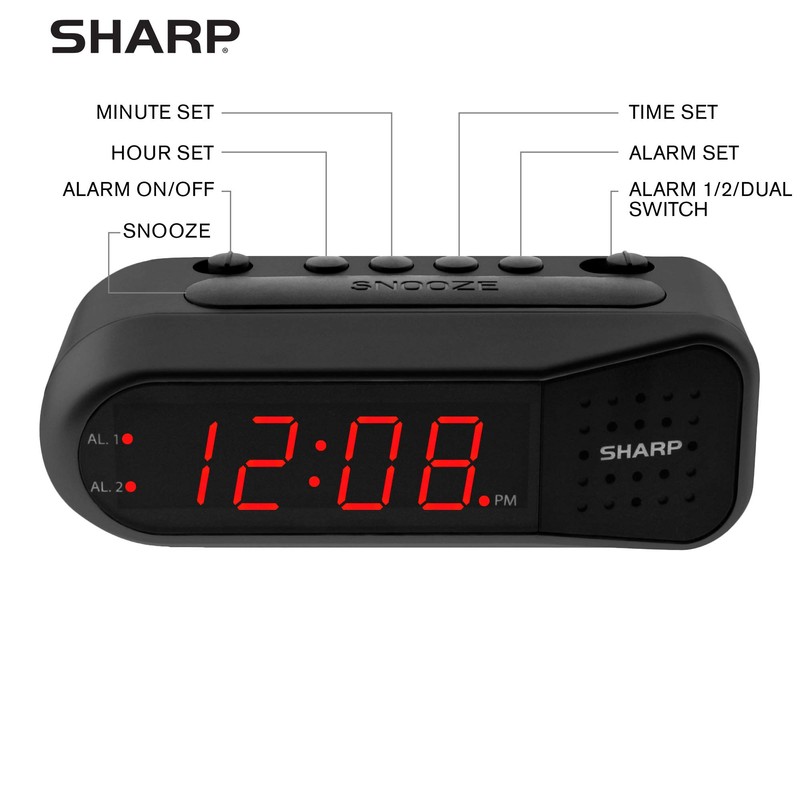 SHARP Digital Alarm Clock – Black Case with Red LEDs