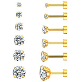 Cubic Zirconia Hypoallergenic Women's Earrings Men's Earrings Women's Earrings Cartilage Fashion Surgical Steel Screw Earrings 6 Pairs