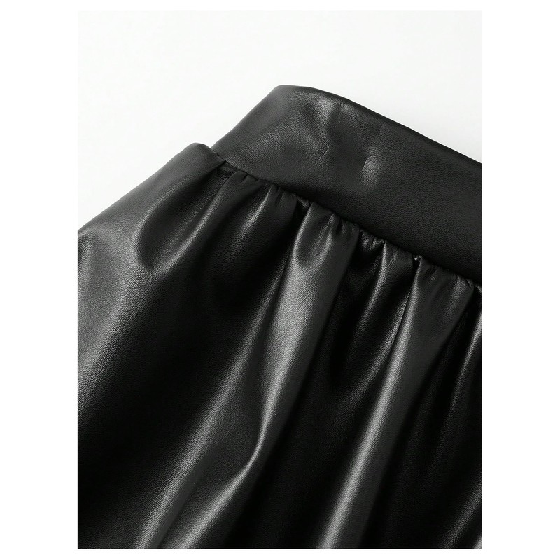 MakeMeChic Women's PU Leather Short Bubble Skirt Elastic Waist Ruffle