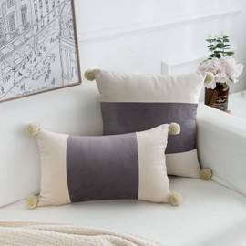 FabThing Lihio Set 0f 2 Cushion Covers Decorative with Pompoms Throw Pillows Covers Morden Design Pillow Cases Velvet Soft Coach Sofa Chair Home 30x50cm Grey