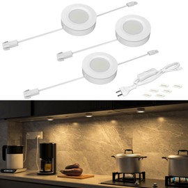 WOBANE Hardwired Under Cabinet Lights,Linkable LED Puck Lights with Switch,DIY Under Counter Lights for Kitchen,Showcase,Bookcase,Recessed&Wall Plug in,Natural White 4000K,120V,Set of 3
