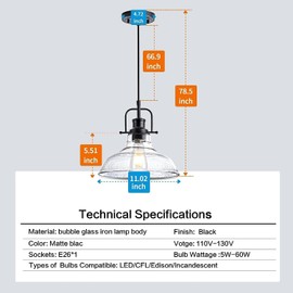Zlepmlla Glass Pendant Light，Black Pendant Light Fixtures with Seeded Glass Shade, Adjustable Height Hanging Lights for Hallway, Kitchen Island, Dinning Room（Bulb not Included）