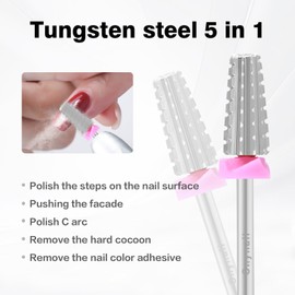 Cnynail 5 in 1 Nail Drill Bit, Tungsten Carbide Multi-Function Bit for Acrylic Nails, Hard Gels, Cuticles Removal, 3/32" Shank, Two-Way Rotation for Left & Right-Handed Use (3XC Grit, Silver)