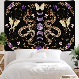 Uspring Snake Tapestry Floral Plants Wall Tapestry Moon Phase Tapestries Boho Mandala Tapestry Wall Hanging Large Butterfly Tapestry for Bedroom Aesthetic, Black Purple (51.2 x 59.1 inches)