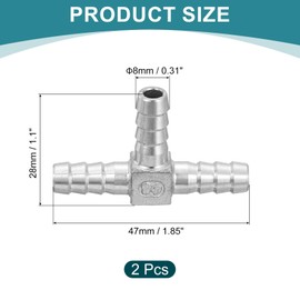 sourcing map 2Pcs 5/16" Tee Hose Barb Pipe Fitting, 304 Stainless Steel 3 Way Pipe Hose Pipe Fitting Adapter for Vacuum Systems, Industrial Pipe Connections, Silver