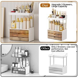 StorBin Makeup Organizer - Upgrade 2 Tier 3 Drawers Bathroom Counter Organizer, Versatile Perfume Organizer, Exquisite Vanity Organizer, Large Skincare Organizers, Amber