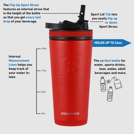 Ice Shaker 26 Oz Sport Bottle, Stainless Steel Water Bottle with Straw Lid, As Seen on Shark Tank, Insulated Water Bottle and Sports Water Bottle, Red