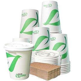 10 oz Compostable Paper Cups with White Flat Lids and Sleeves - Biodegradable Disposable White Paper Coffee Cups PLA Lined - Eco-friendly Hot and Cold Drinking Cups (250)