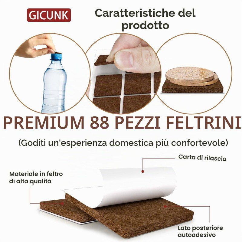GICUNK 88 Pezzi Feltrini per Sedie, Gommini per Sedie, Marrone