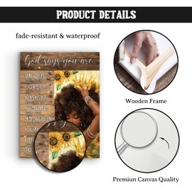 Farmhouse African American Wall Art Black Girl Wall Art God Says You Are Inspirational Bible Verses Wall Decor Sunflower Black Woman Canvas Print Framed Artwork For Living Room Bedroom Office 12"X16"