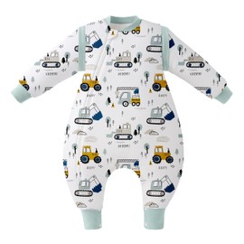 Unnivoll Baby Sleeping Bag 2.5 Tog Sleeping Bag with Legs 100% Cotton Winter Sleeping Bag Baby with Removable Sleeves Quilted Sleep Sack for Newbron Infant Warm Soft 6-18 Months Green Excavator