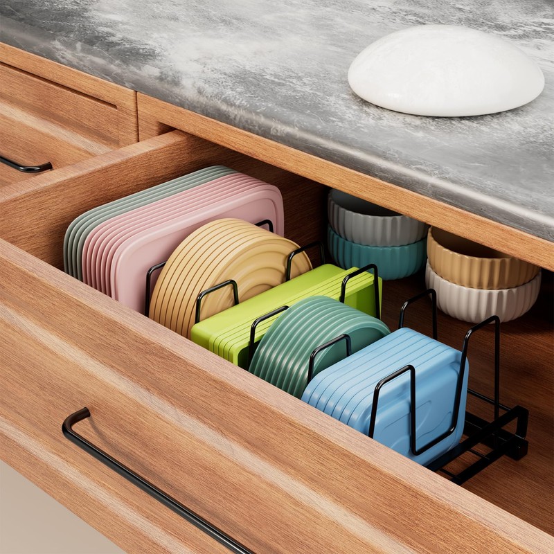 GAGUIUP Food Container Lid Organizer, Adjustable 6 Dividers Full-Metal Pot