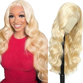 Shoaiye 4x4 Lace Front Real Hair Wig, Women's Body Wave Human Hair Wig, Wear and Go Glueless Remy Pre Plucked Natural Hairline, 150% Density, #613 Blonde Colour for Woman, 32 Inches