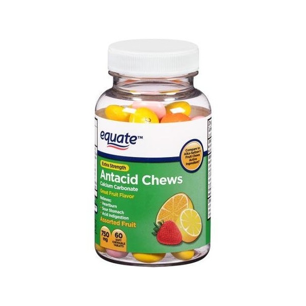 Equate Extra Strength Antacid Chews Assorted Fruit Soft Chewable Tablets, 750mg, 60 Tablets