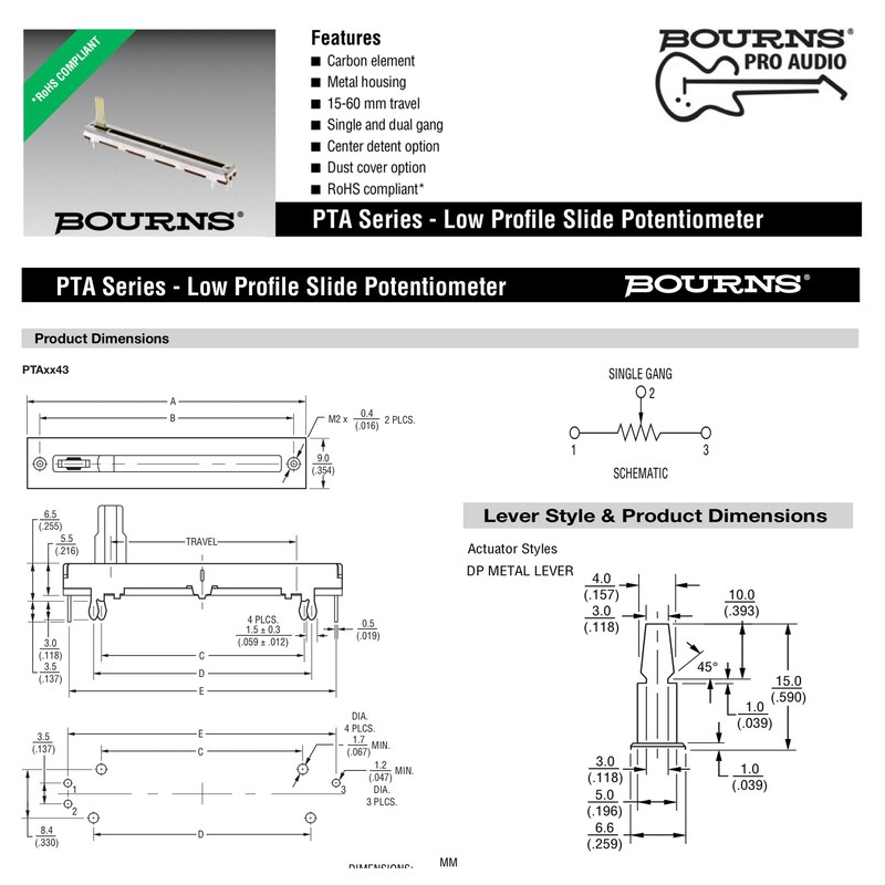 BOURNS 10K Ohm Slide Potentiometer, 100mm Travel Single Linear Taper,