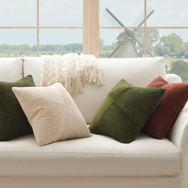 Topfinel Cushion Covers 40x40cm, Olive Green Corduroy Patchwork Pinwheel Design Pillow Cases for Sofa Cushions, Modern Decorative Bedroom Living Room Cushion Covers Set of 2