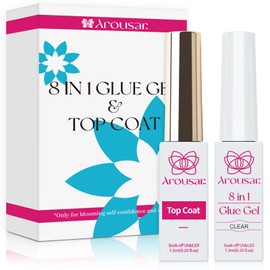 Arousar Gel Nail Glue, 2pcs Builder Nail Gel and Top Coat Kit, Base Coat No-wipe Top Gel Super Shiny Stain Resistant 8-in-1 Nail Strengthener Base Gel False Nail Tips Glue Gel