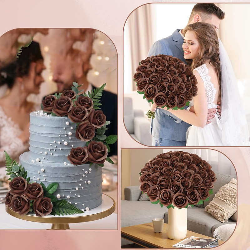 36 Pcs Chocolate Artificial Roses with Long Stems