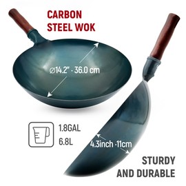 welsteepse Carbon Steel Wok Traditional Hand Hammered Wok,14 Inch,Round Bottom(Roasted Blue)