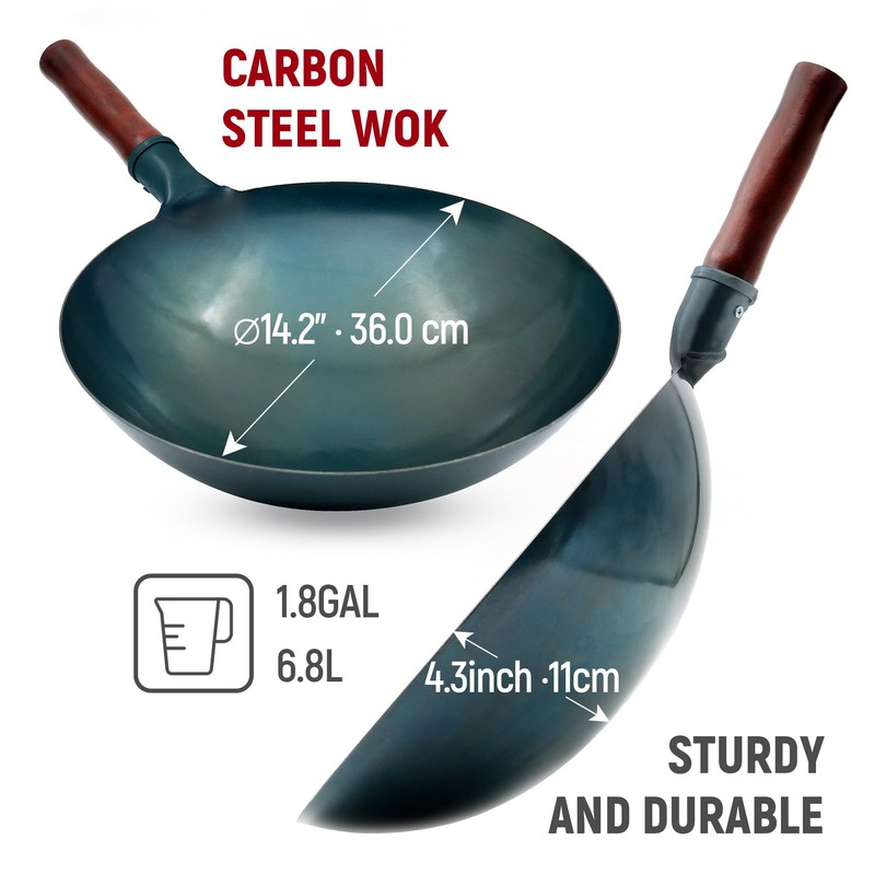 welsteepse Carbon Steel Wok Traditional Hand Hammered Wok,14 Inch,Round Bottom(Roasted