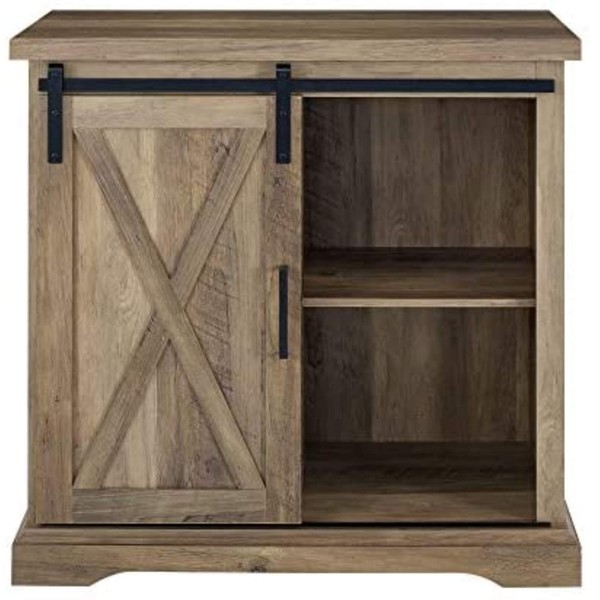 Pemberly Row 32" Farmhouse Sliding Barn Door Wood Accent Chest Home Coffee Station Buffet Storage Cabinet in Rustic Oak