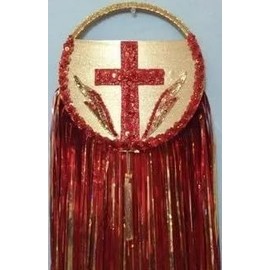 Glory Fire Worship Tabret with Cross Design, Red and Gold Metallic Tinsel Streamers