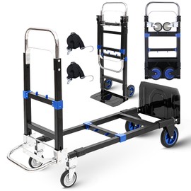 Upgraded 3 in 1 Folding Hand Truck, 600lbs Capacity, Heavy Duty Convertible Dolly with Retractable Handle and 4 Rubber Wheels, Collapsible Cart for Moving Home, Office, Warehouse (Blue)