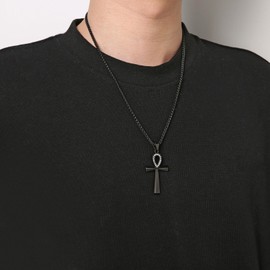 HZMAN Men's Stainless Steel Coptic Ankh Cross Religious Pendant Necklace, 22+2" Rope Chain (Black-CZ)