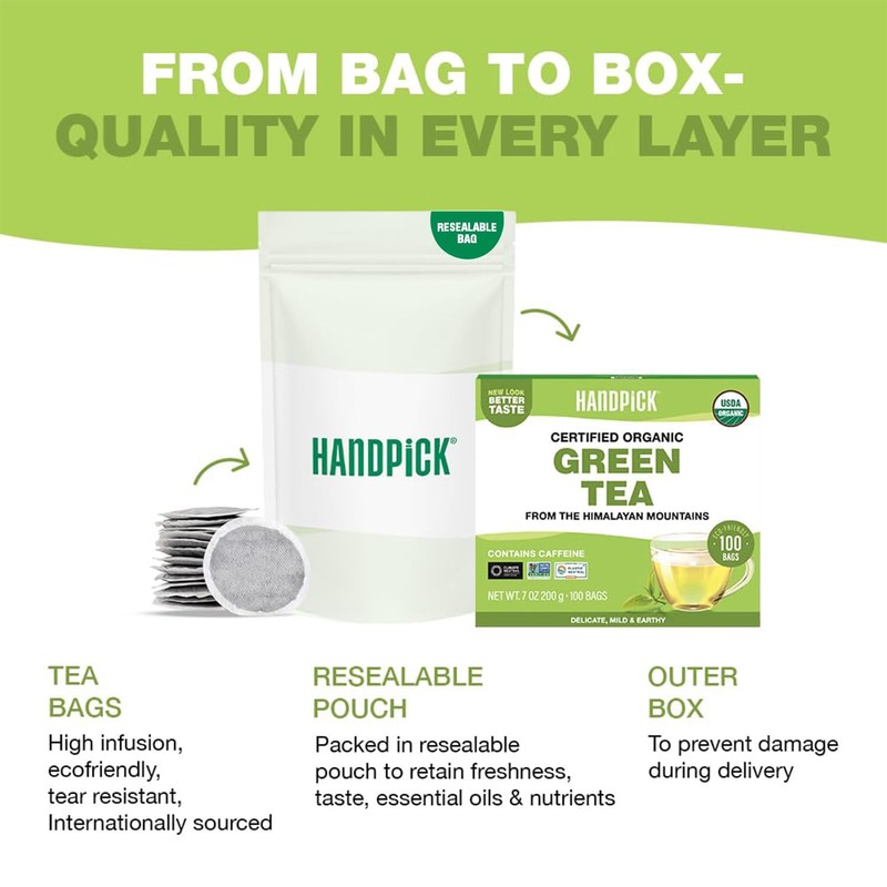 HANDPICK, Organic Green Tea Bags - 100 Eco-Friendly Tea Bags