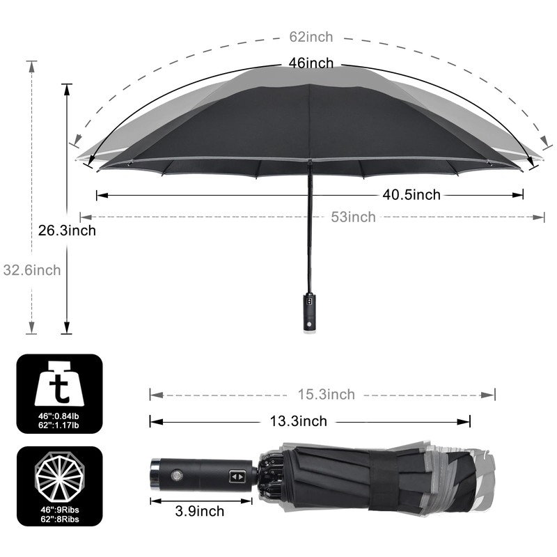 Lejorain Folding Reverse LED Umbrella - Upside Down Reflective Umbrellas