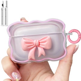 Wowwat for Airpods Pro 2nd Generation Case with Cute 3D Colour Bow Design Soft Clear TPU Cover with Cute Keychain, Compatible with Airpods Pro Case Cleaning Pen Kit for Woman - Pink