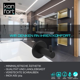 Kon-fort Home Towel Hooks Black Bathroom and Kitchen Set of 2 Design Made of Stainless Steel AISI 304 Matte Black for Drilling