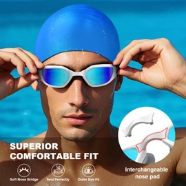 Emsina Swim Goggles, Swimming Goggles Swim Pool Goggles Anti Fog Super Clear Vision for Men Women Adults Youth_BlueWhiteBlueCap