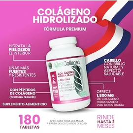 Colágeno Hidrolizado Fórmula Premium 180 Tabletas Sin Azúcar, Sin Grasas, Sin Sodio, incluye Biotina, Calcio, Magnesio, Vitamina C, E y K. Suplemento 