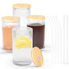 Icesip 14 oz Drinking Glasses Set of 4 with Bamboo Lids Straws Striped Ribbed Glassware Set Vintage Glass Cups Embossed Iced Coffee Cup for Beer Cocktail Beverage(Ribbed)