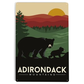Lantern Press 12x18 Inch Metal Sign, Adirondack Mountains, New York, Black Bear and Cub