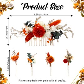 Suncalla 5 Pcs Burnt Orange Dried Flower Hair Pins for Wedding Eucalyptus Leaves Boho Wedding Bride Comb with Baby Breath Fall Hairpin for Women Girls Bride Bridesmaid Bachelorette Party Bridal Shower
