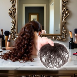 Jizlan 1Pc Brown Wig Pieces for Top of Head for Women Thin Hair, Curly Hair Topper Replacement Fluffy Hairpiece Seamless Clip in Top Wiglet Accessories