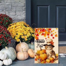 Hello Fall Garden Flags for Outside Decorations, Fall Thanksgiving Cat Pumpkin Flag, Harvest Autumn Seasonal Farmhouse Holiday Outdoor Decor 12x18 Inch