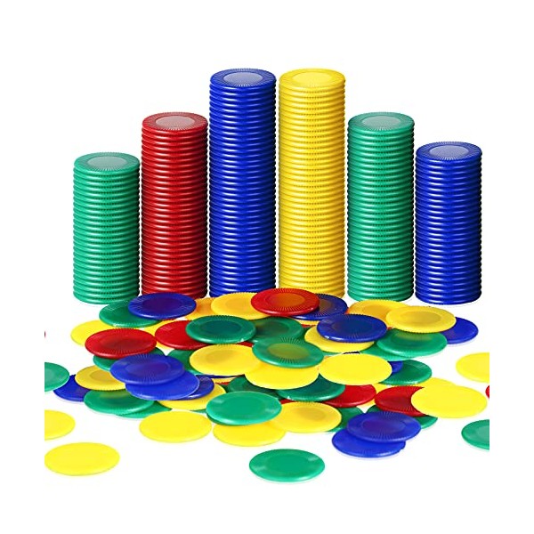 Skylety 400 Pieces Plastic Poker Chips Game Chips 4 Colors Counter Card for Kids Game Playing Learning Math Counting Bingo Game Blank Chips Card for Kids Reward, 0.86 Inch (Red, Blue, Green, Yellow)