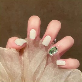 24pcs White Adult Women Green Shell Nail for Photo Taking Pictures Wedding Coming of Age Ceremony Party After Party False Nail Tips
