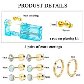 Ear Piercing Kit Ear Piercing Gun Disposable Ear Piercing Kit Gold with Flat Back Stud Earrings Gold Jewelry (TML-204-4B)