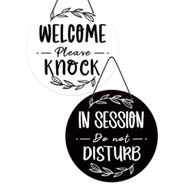 Putuo Decor Meeting in Progress Door Sign, Welcome Do Not Disturb Door Sign, PVC Round Therapist Sign, Welcome Please Come in Sign for Office, Therapy, Clinic, Double Sided Hanger Plaque 9 in
