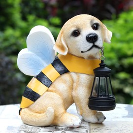 Aclema Garden Dog Statue with Solar Lantern - Outdoor Honeybee Puppy Figurines Decorations for Patio Yard Lawn Ornaments Gifts for Dad, Mom or Birthdays